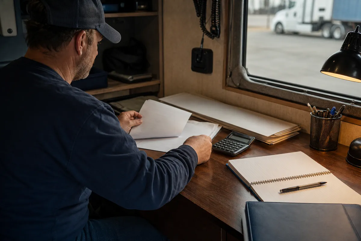 Owner-operator organizing commercial truck insurance quote documents and a calculator in a truck cab.
