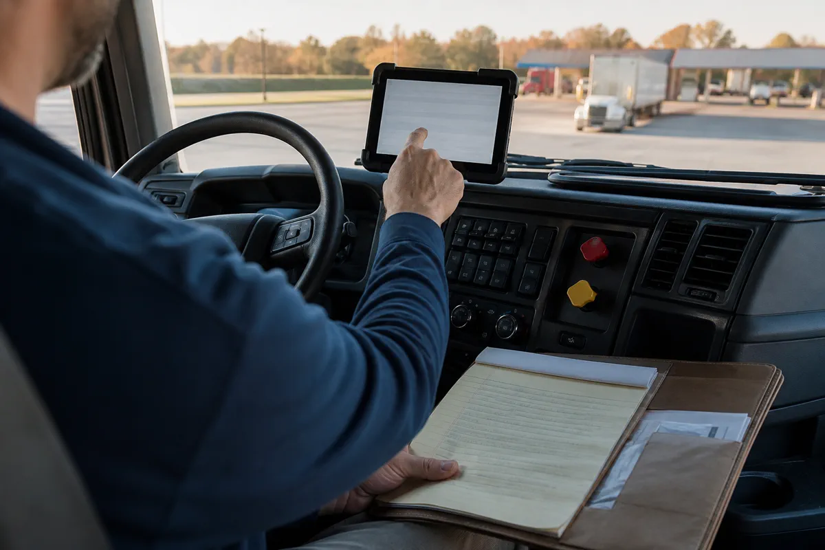 Owner-operator using an ELD in a semi truck cab while reviewing a paper inspection contingency plan.