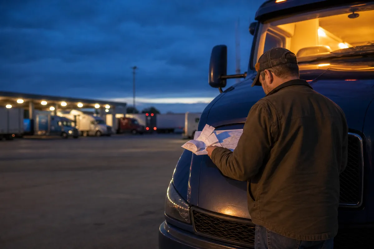 Owner-operator completing a truck fuel card comparison with route notes and fuel receipts at a parked semi truck.
